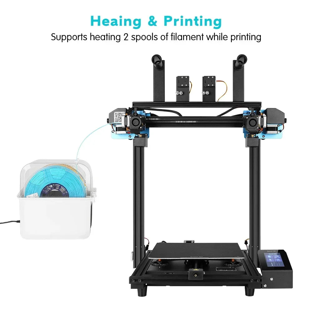 A 3D printer filament dryer box connected to a 3D printer with a tube for printing