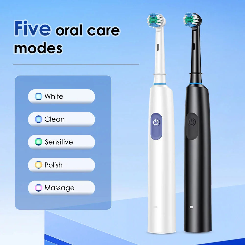 Black and white electric toothbrushes with a list of five oral care modes