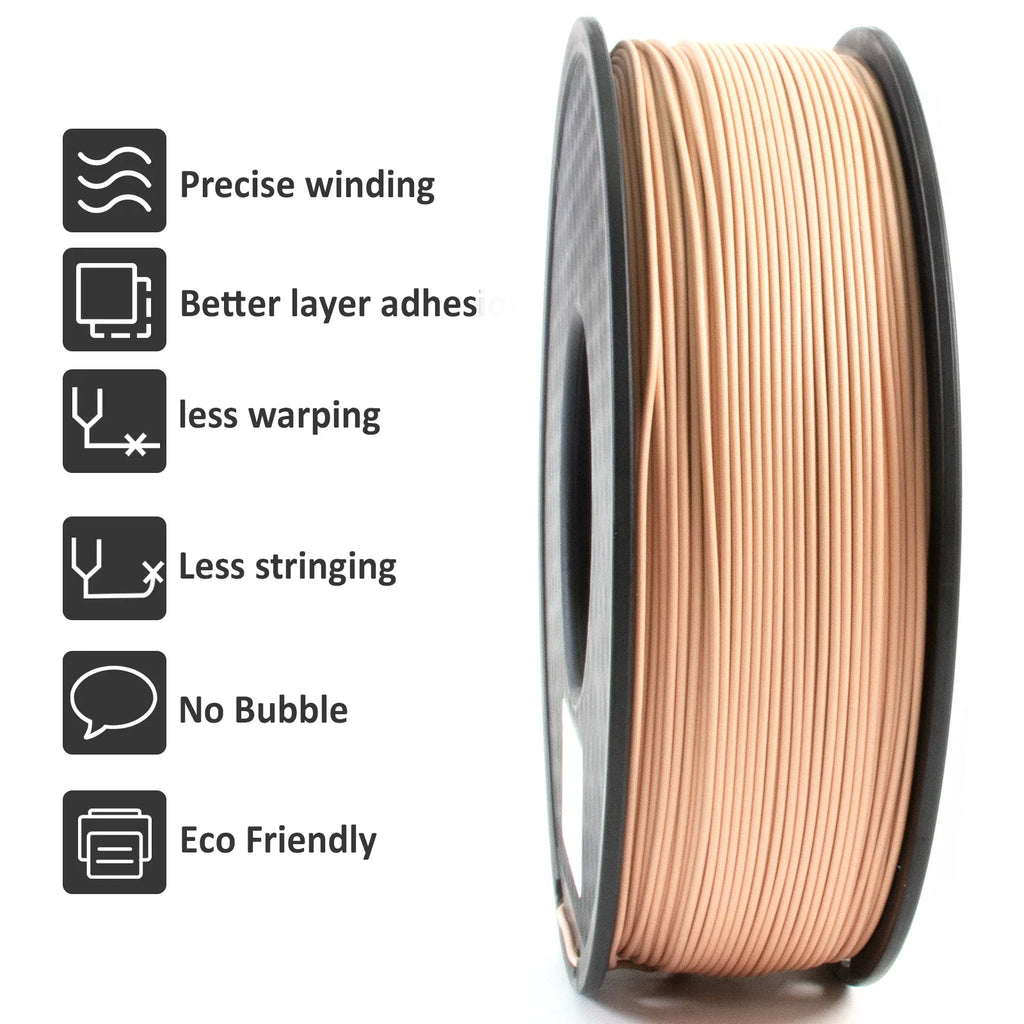 A spool of beige 3D printer filament with a list of its features and benefits.
