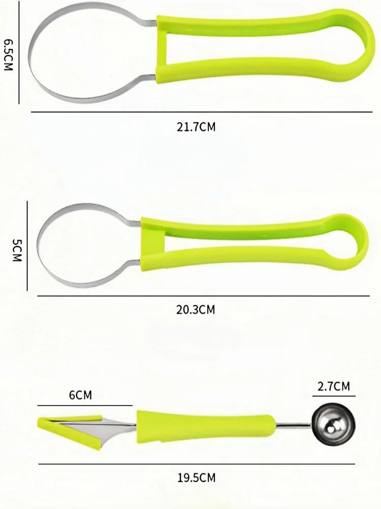 Three different styles of avocado kitchen tools with size measurements