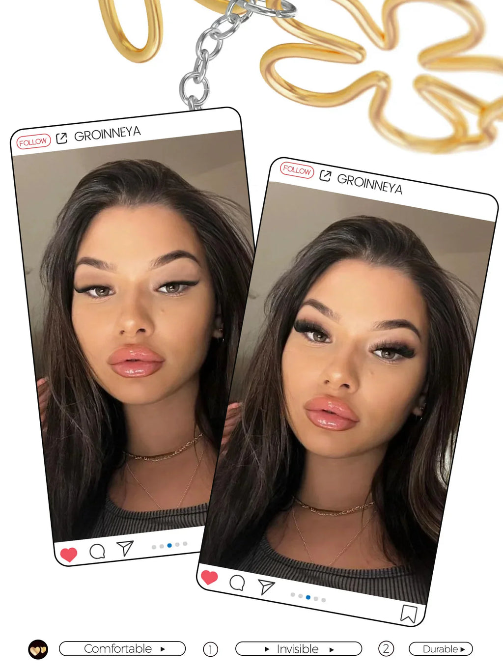 Before and after comparison of a woman wearing cluster eyelash extensions.