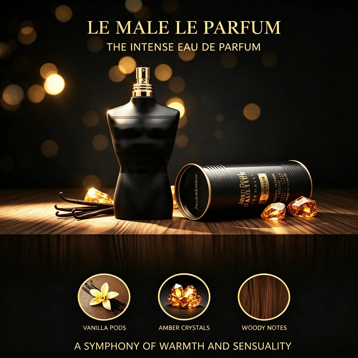 Men's perfume bottle and container on a wooden table with vanilla, amber, and wood imagery
