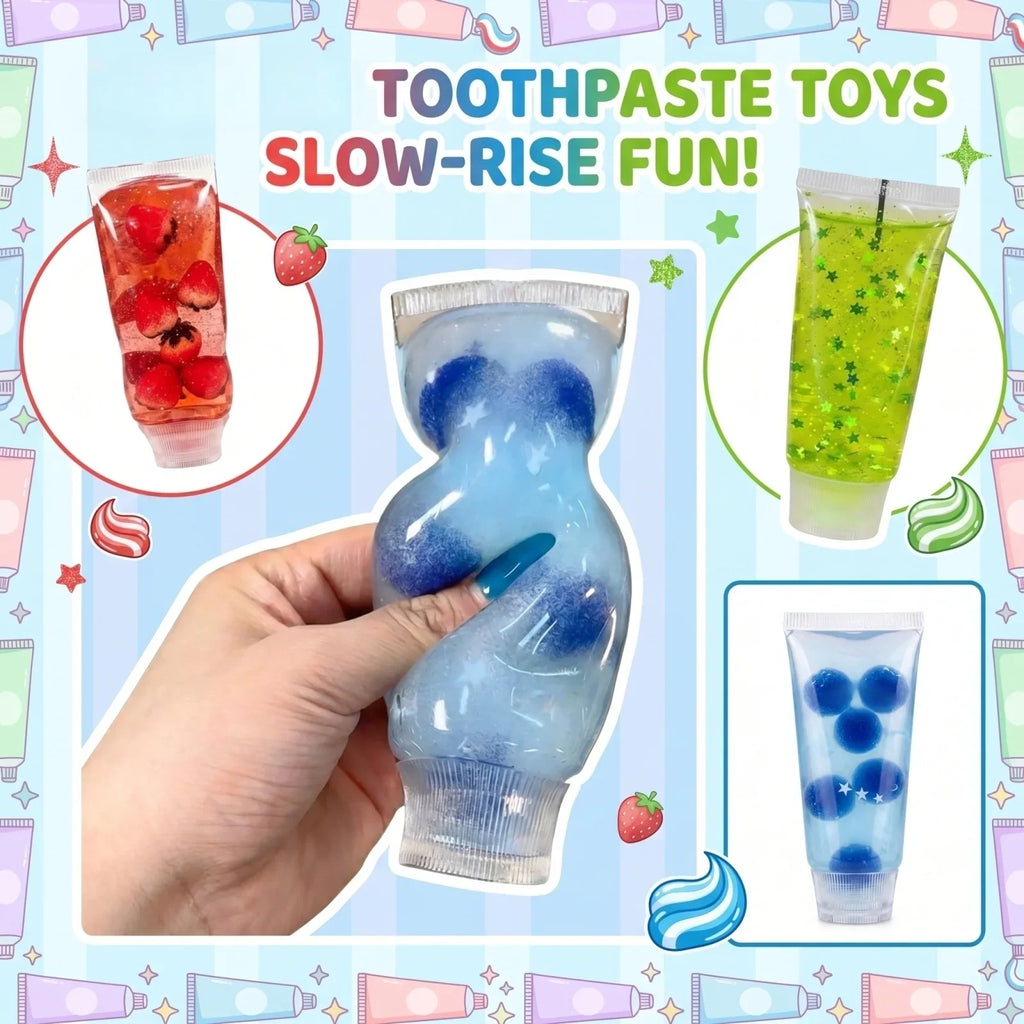 A collage showing various colors of gel-filled toothpaste-shaped squishy toys with internal decorations.