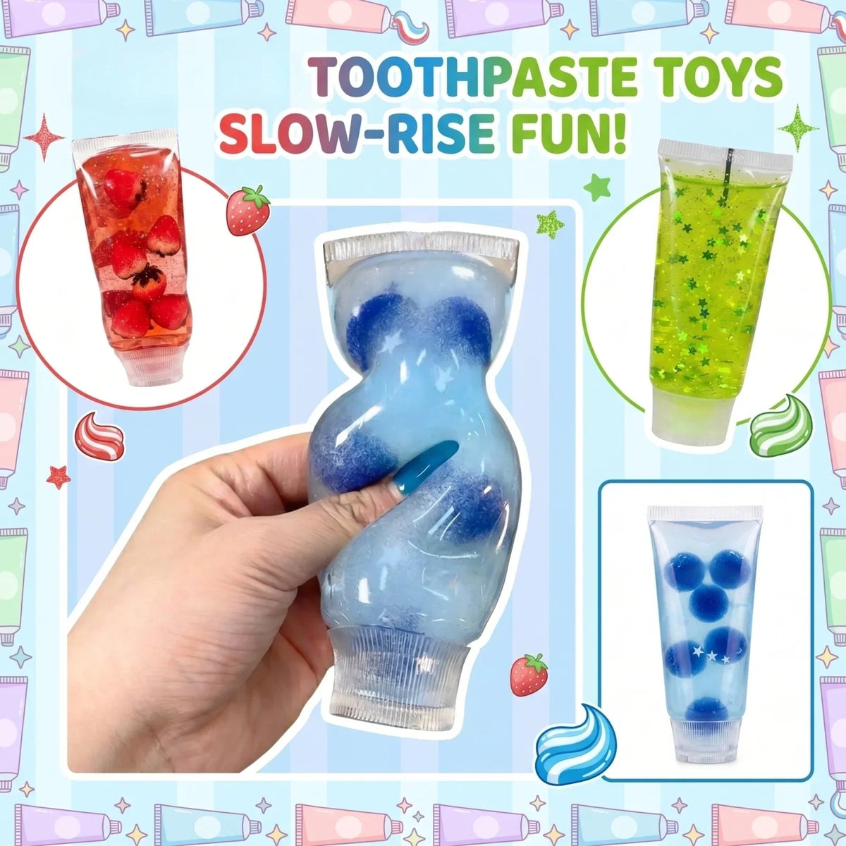 A collage showing various colors of gel-filled toothpaste-shaped squishy toys with internal decorations.