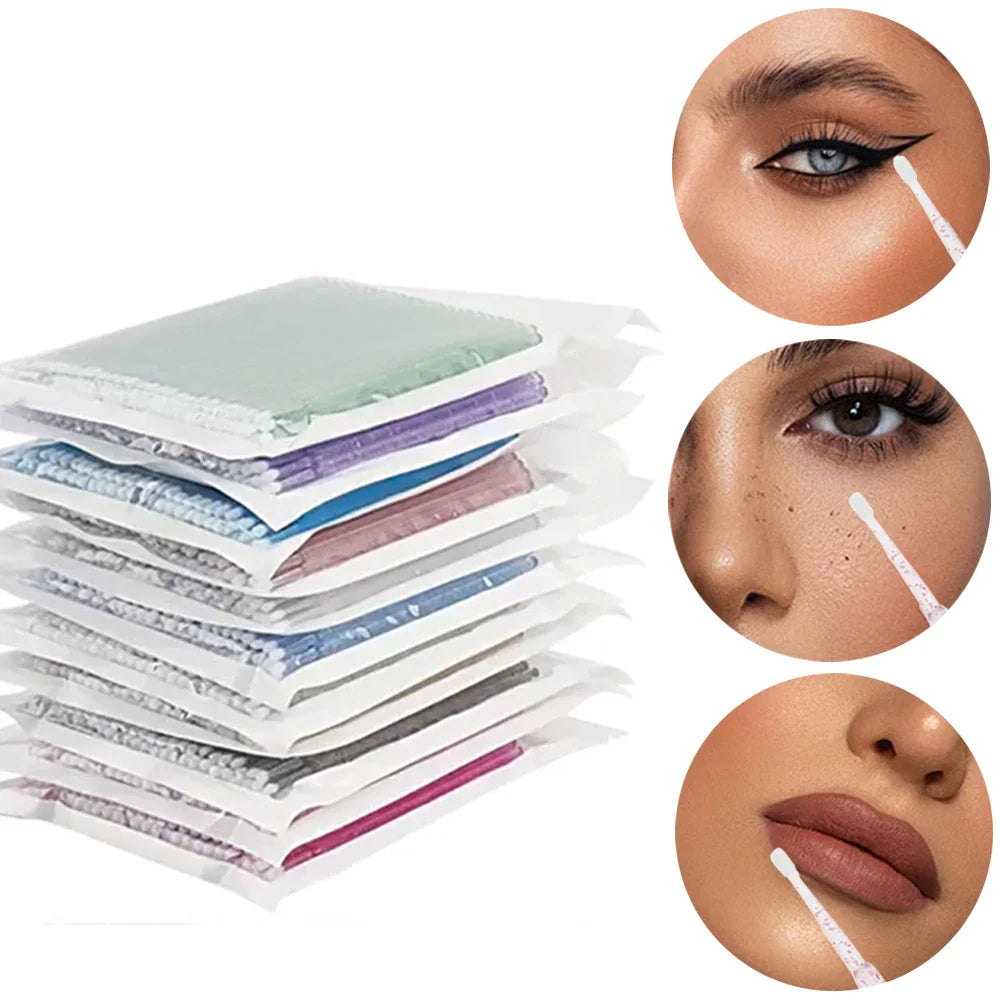 A stack of colorful bags containing microbrushes next to close-up shots of a woman using them on her eyes and lips.
