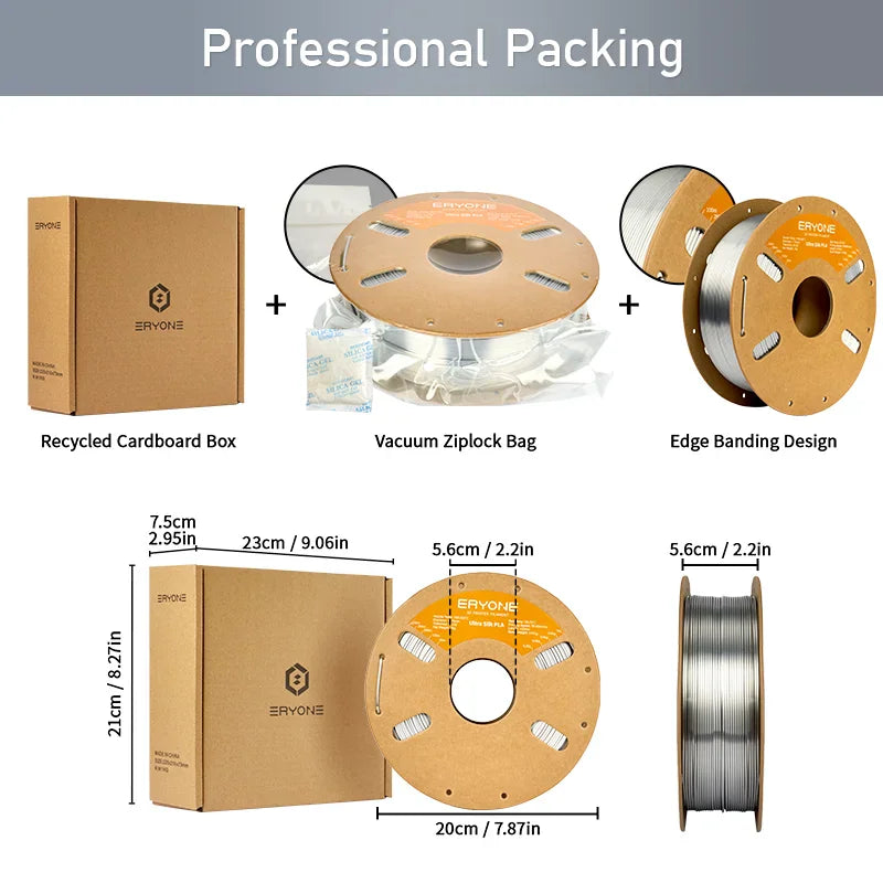 Packaging information including a cardboard box, vacuum bag, and spool dimensions