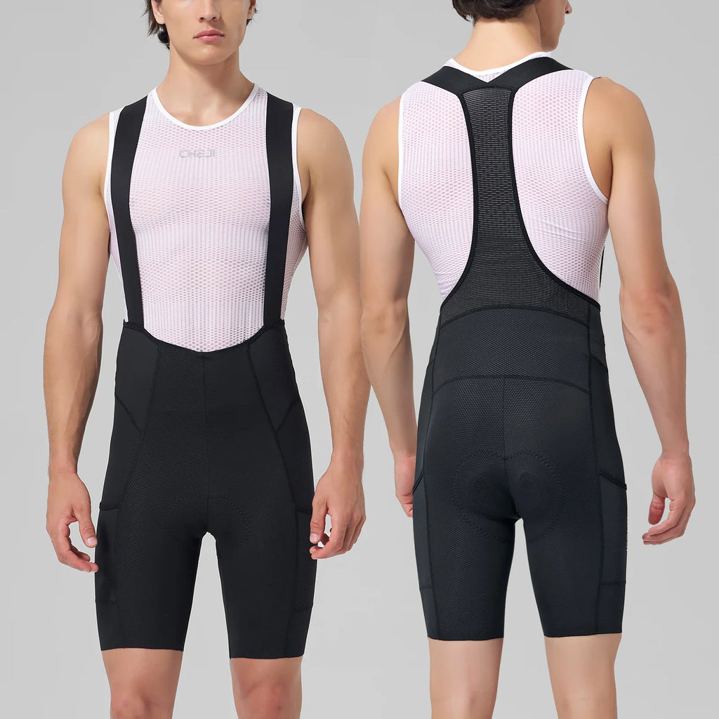A man wearing black cycling bib shorts over a white mesh cycling jersey, front and back view.
