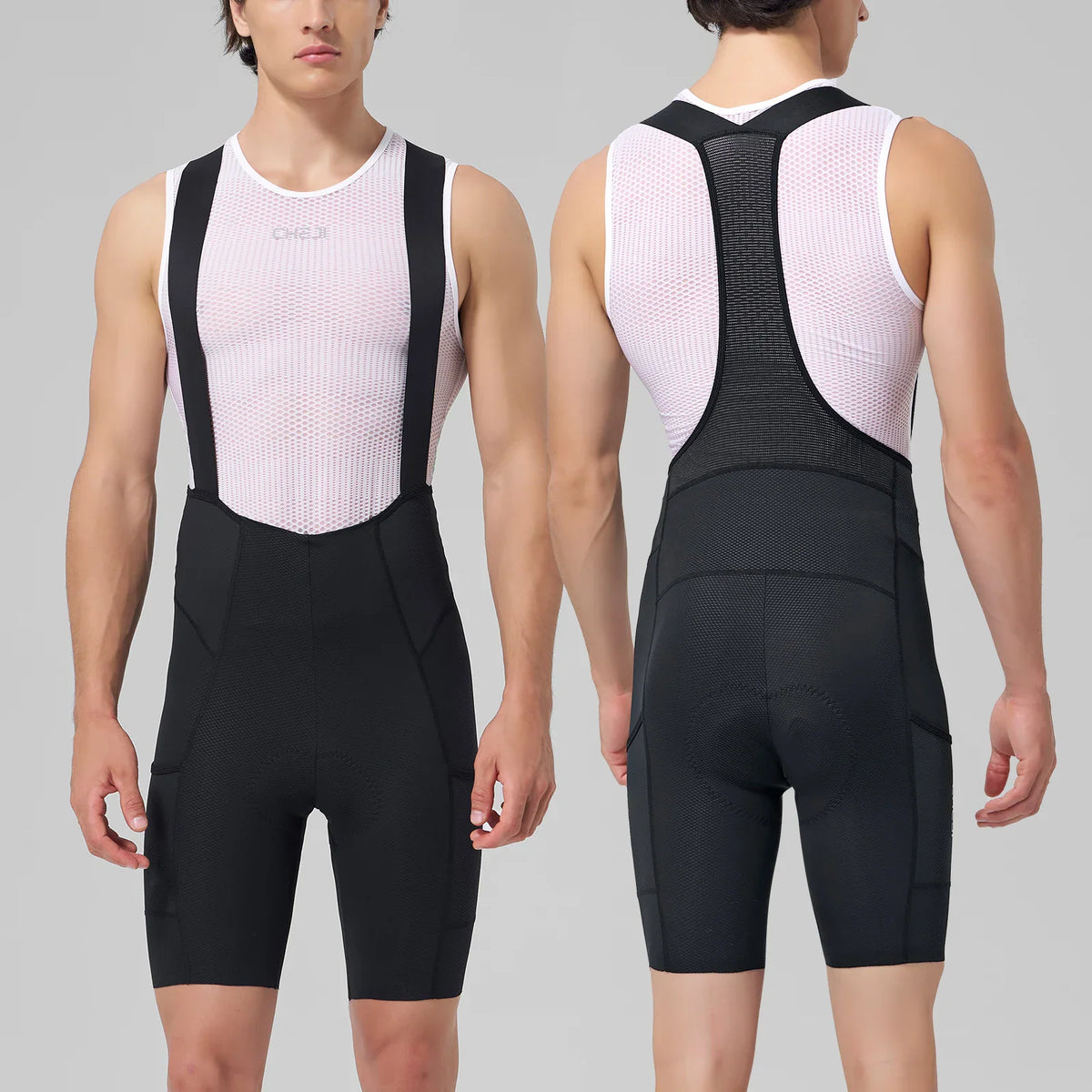 A man wearing black cycling bib shorts over a white mesh cycling jersey, front and back view.