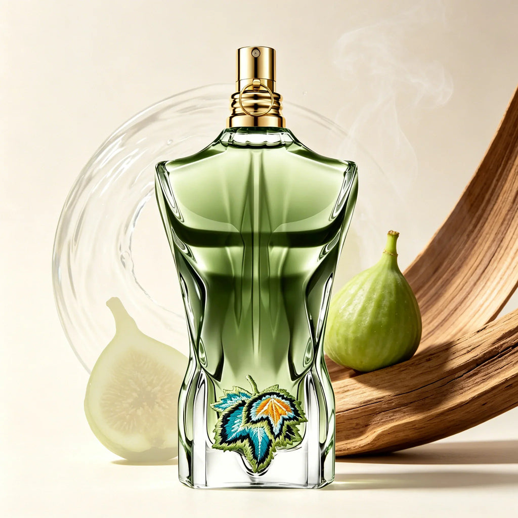 Green torso-shaped glass perfume bottle with leaf embroidery placed next to a whole fig and piece of wood.