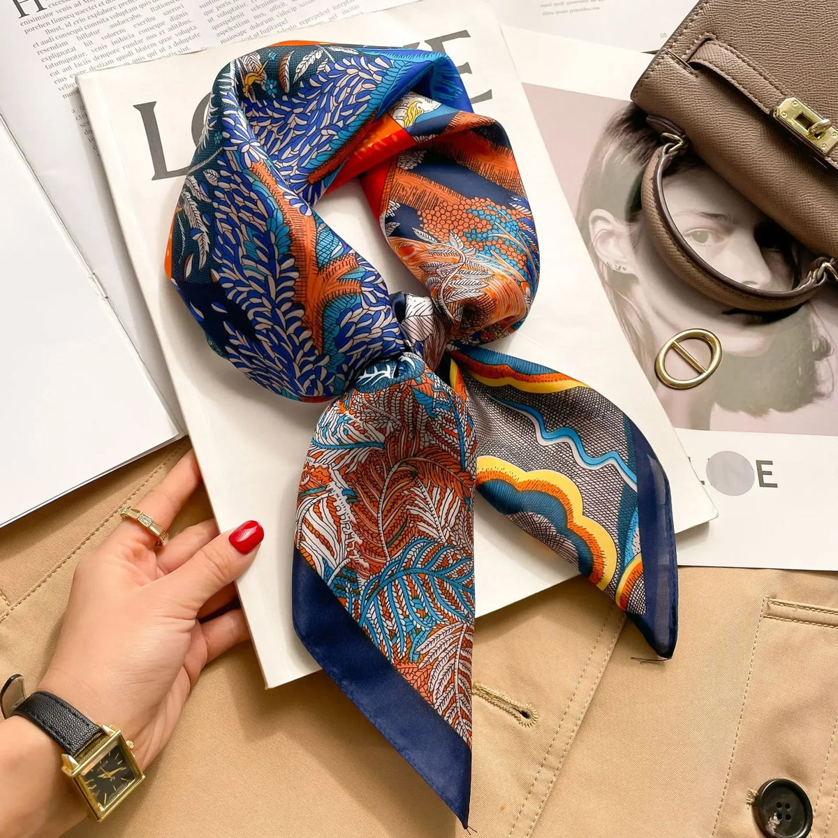 Multicolor abstract leaf print silk square scarf