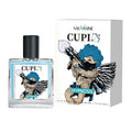 A glass bottle of pheromone perfume for men with a matching white box featuring a cupid illustration.