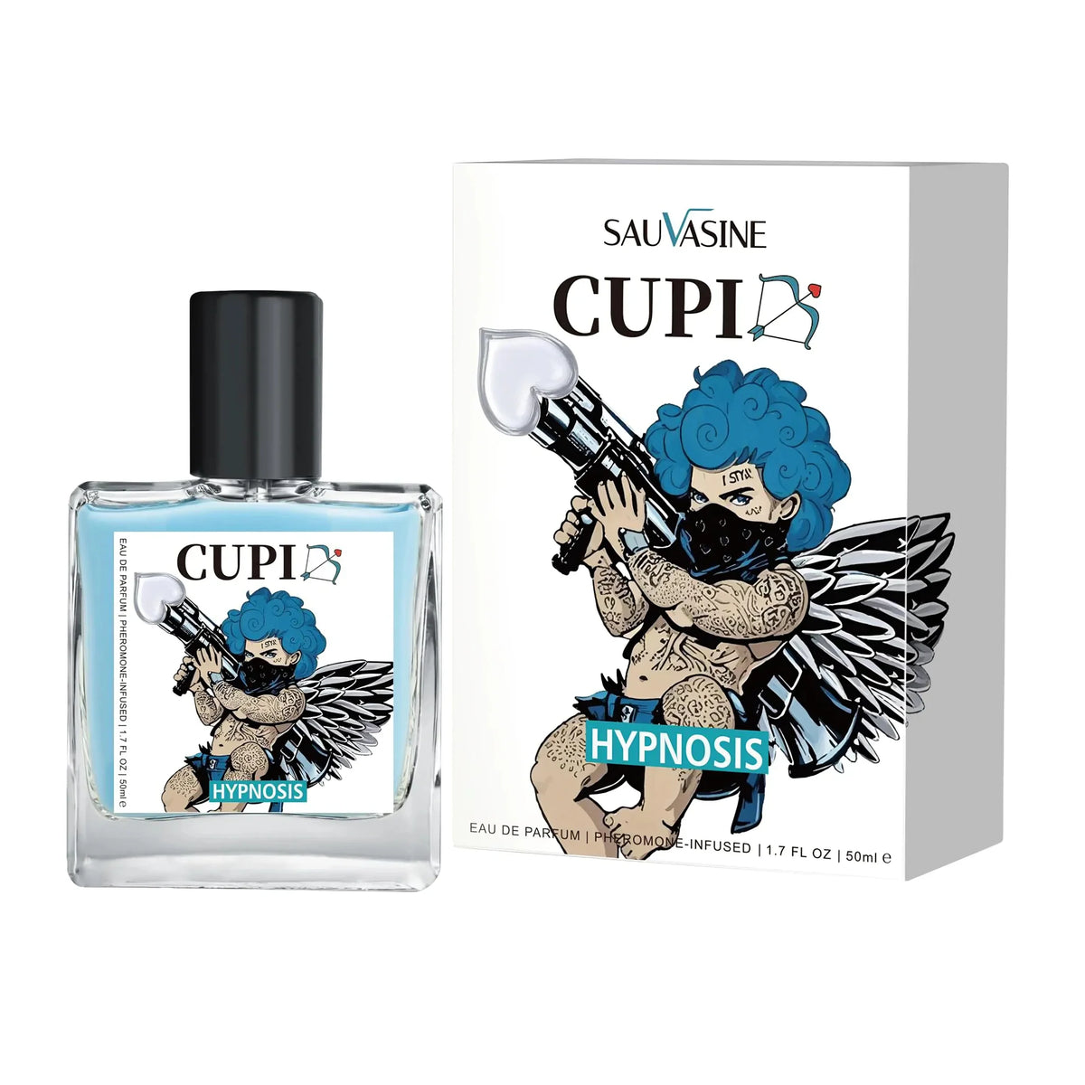 A glass bottle of pheromone perfume for men with a matching white box featuring a cupid illustration.