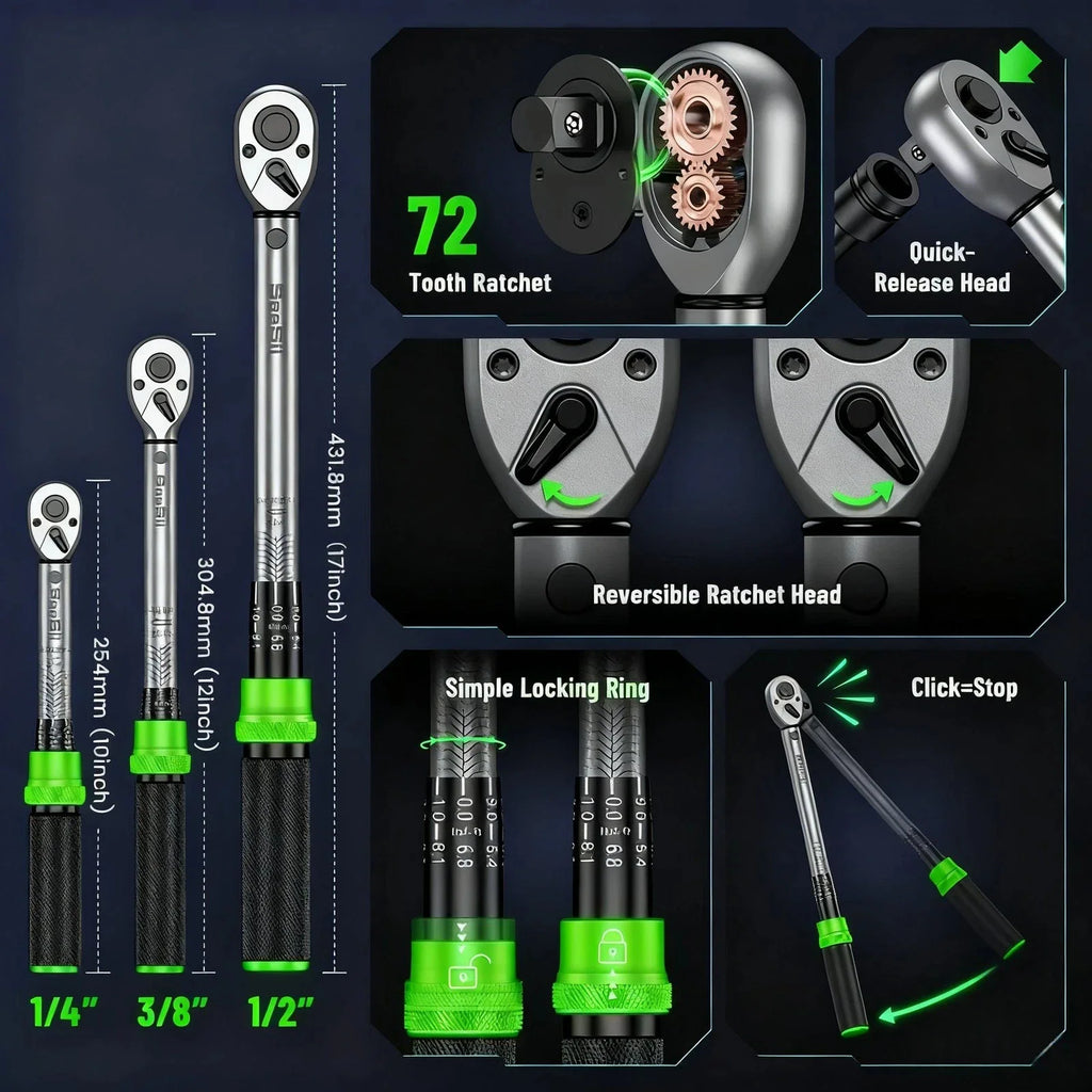 A diagram illustrating the features and measurements of three torque wrenches.
