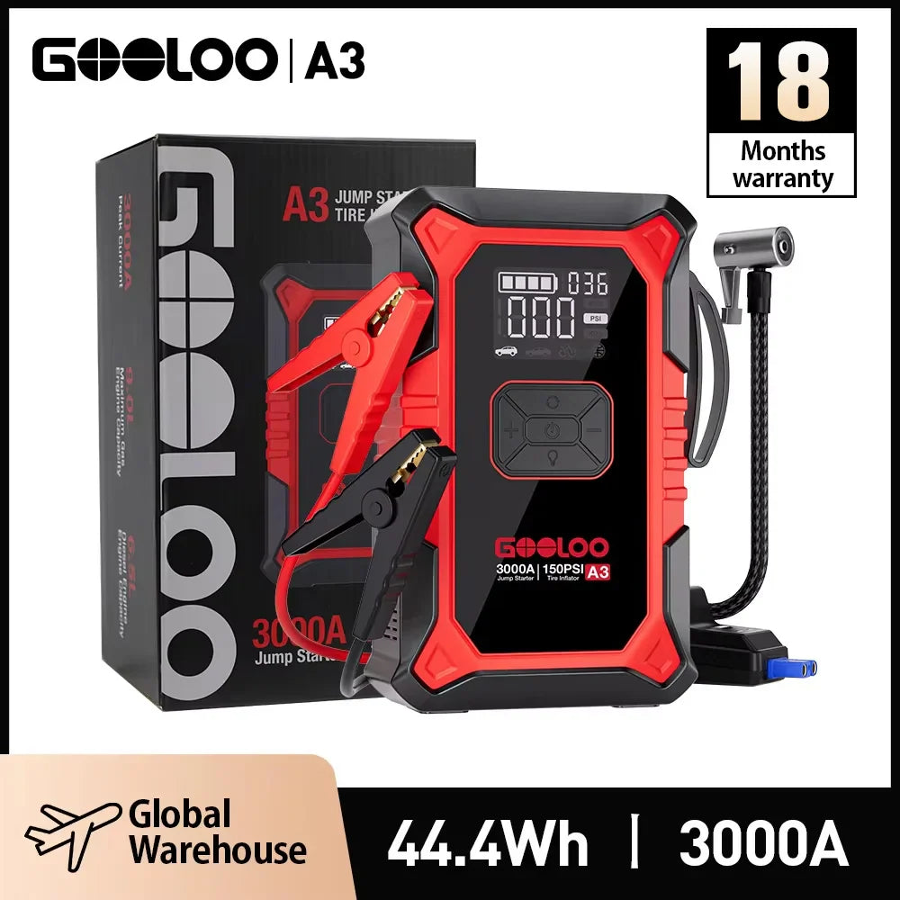 Portable jump starter and air compressor with battery box, cables and nozzle attachments