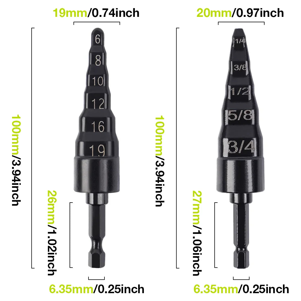 Technical dimension diagram of two different sized copper pipe expander drill bits