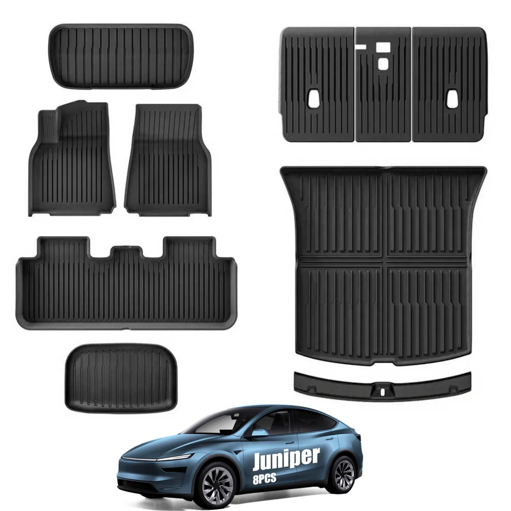 Set of 8 black TPE all-weather floor mats including trunk and frunk liners for a 5-seater electric car