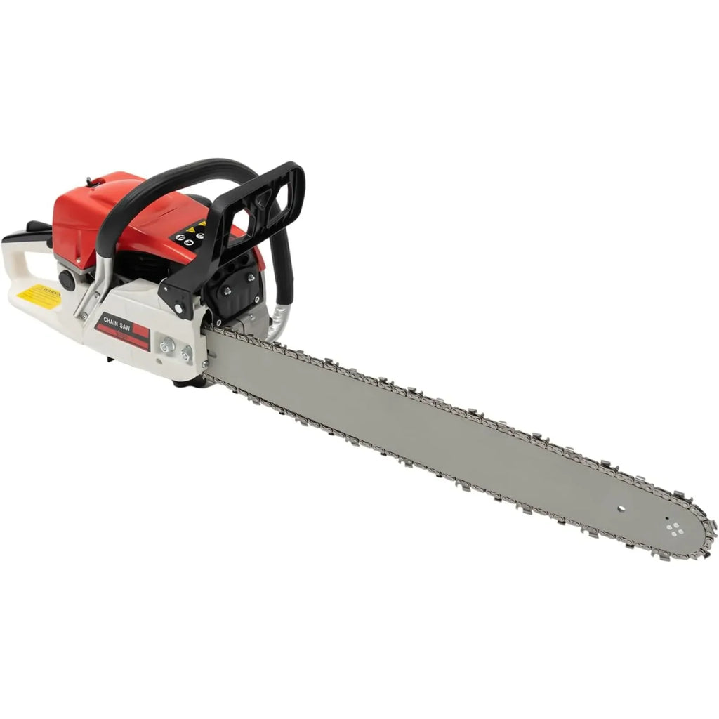 22-inch red and white petrol chainsaw