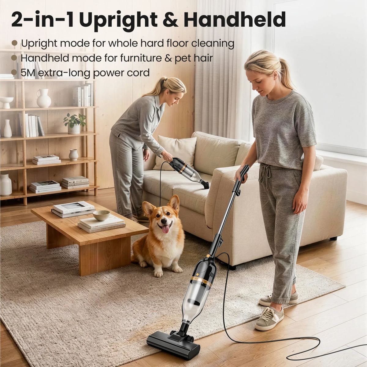 A woman vacuuming a rug with an upright vacuum while another person uses a handheld vacuum on a sofa with a dog