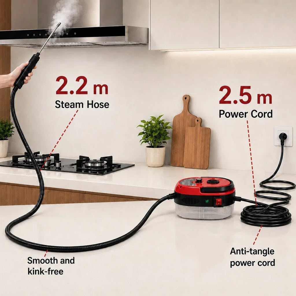 Steam cleaner unit on a kitchen counter showing hose length and power cord specifications