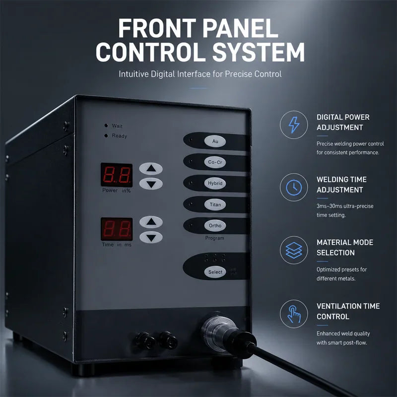 Close-up of the front panel control system on an argon arc spot welder machine with digital display and buttons