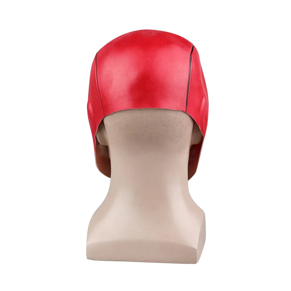 Back view of a red cosplay helmet mask on a mannequin head