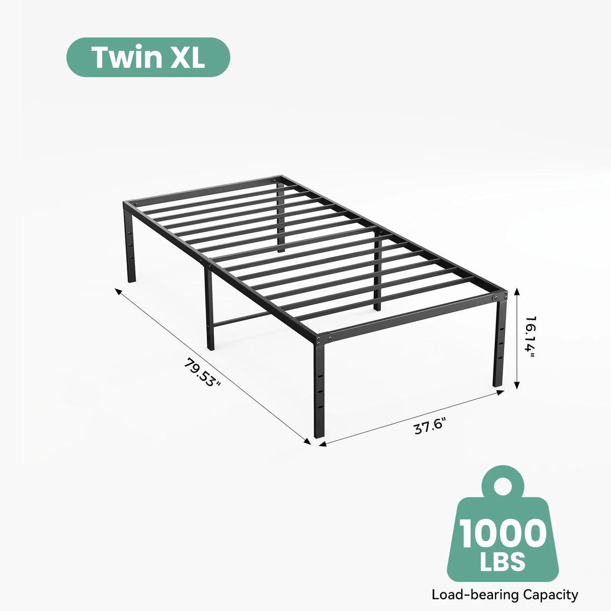 Twin XL metal bed frame dimensions and 1000 lbs weight capacity label