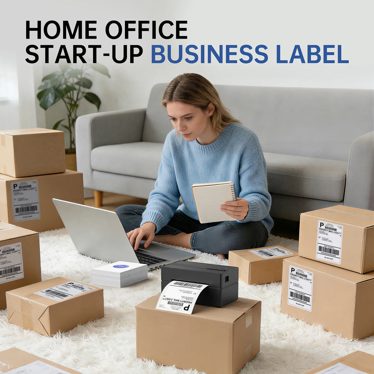 A woman working at home with a laptop, a desktop label printer, and multiple packages with shipping labels.