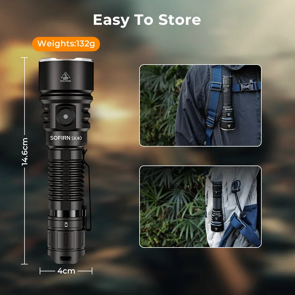 Tactical flashlight showing physical dimensions and examples of it attached to a backpack