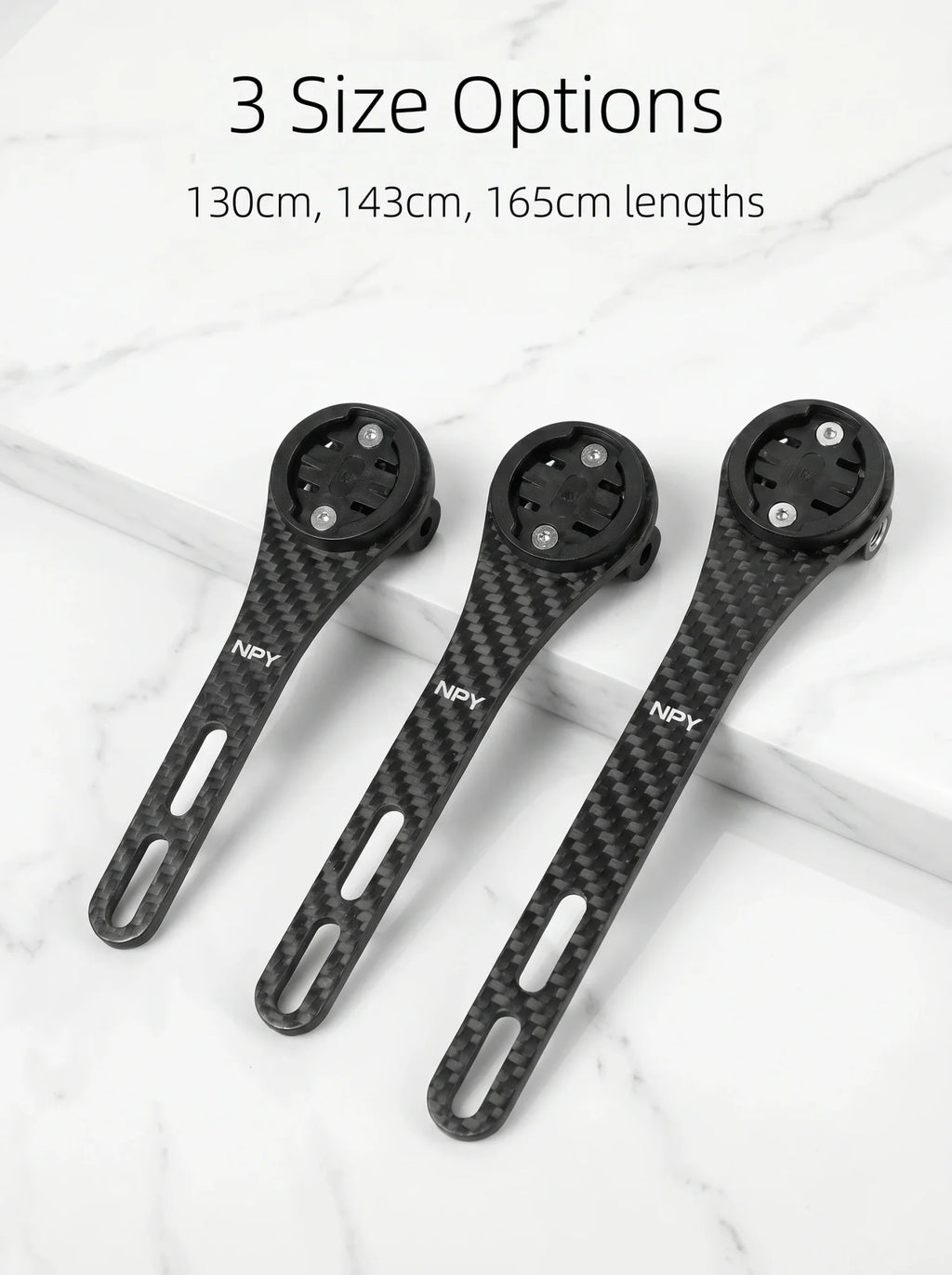 Three carbon fiber bicycle computer mounts of varying lengths