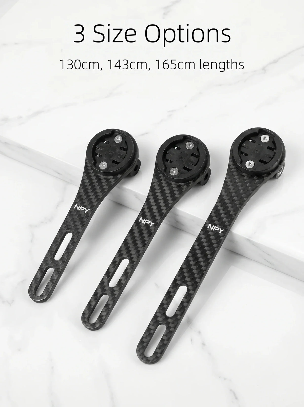 Three carbon fiber bicycle computer mounts of varying lengths