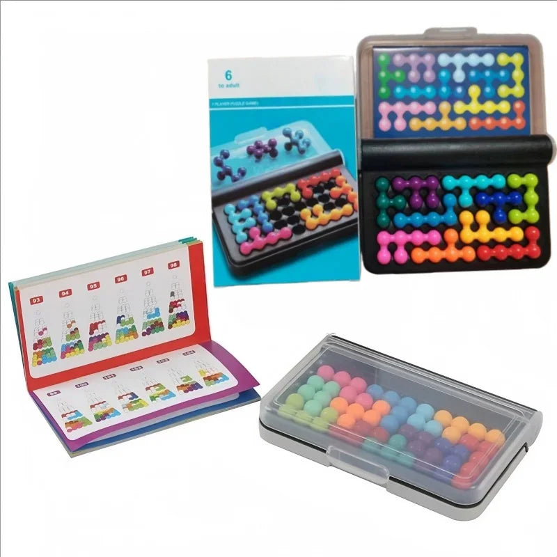 A set including a 3D pyramid puzzle, storage boxes, and an instructional booklet with puzzle challenges