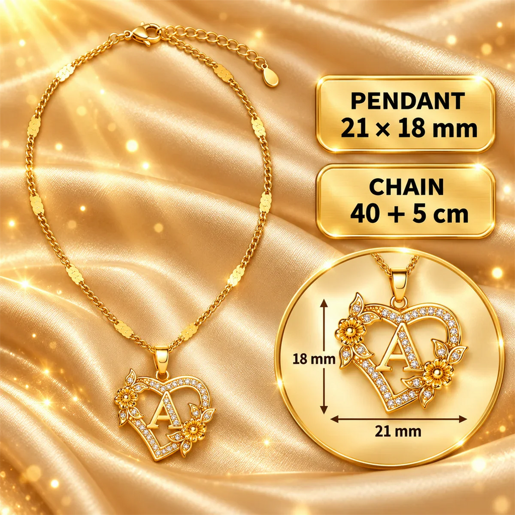 Gold initial heart necklace with dimensions displayed in inset circles