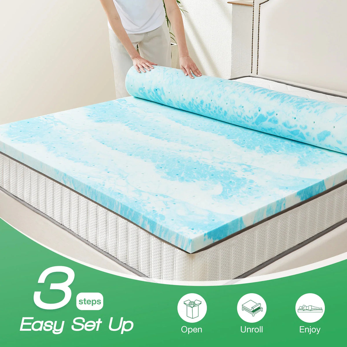 Three-step instructions on how to set up a mattress topper