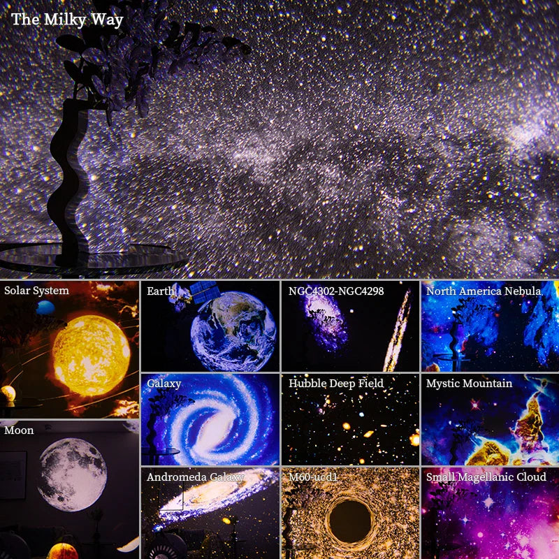 Galaxy projector light showing different space themes including planets, nebulae, and constellations