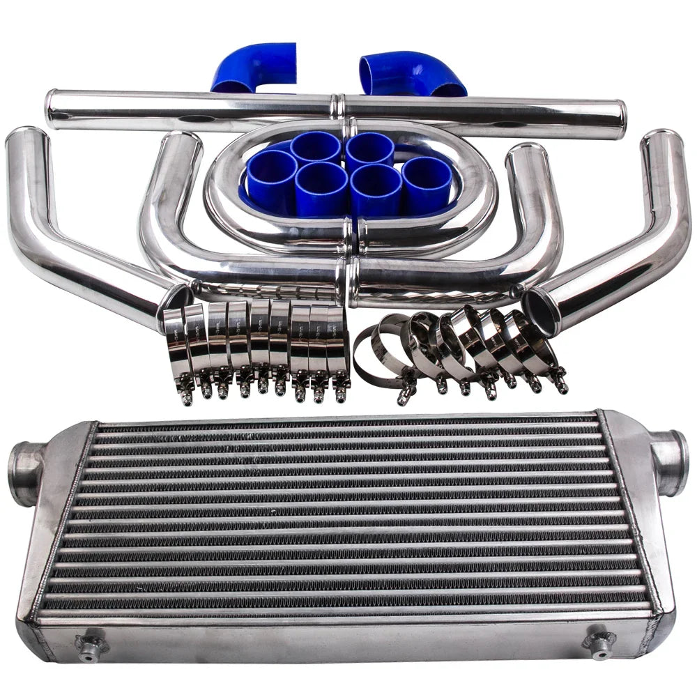 Universal turbo intercooler kit with aluminum pipes, blue silicone couplers, and metal clamps