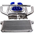 Universal turbo intercooler kit with aluminum pipes, blue silicone couplers, and metal clamps