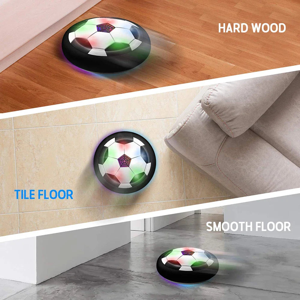 Hover soccer ball in action on various floor types labeled hard wood, tile, and smooth floor