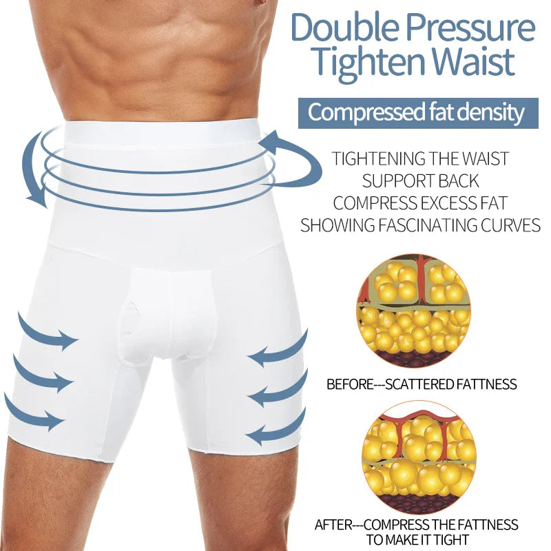 White high-waist compression shapewear shorts for men with illustration of fat compression