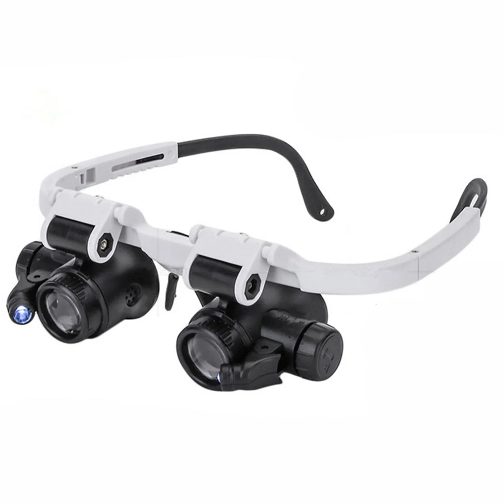 White head-mounted magnifying glasses with dual lenses and LED lights