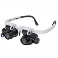 White head-mounted magnifying glasses with dual lenses and LED lights