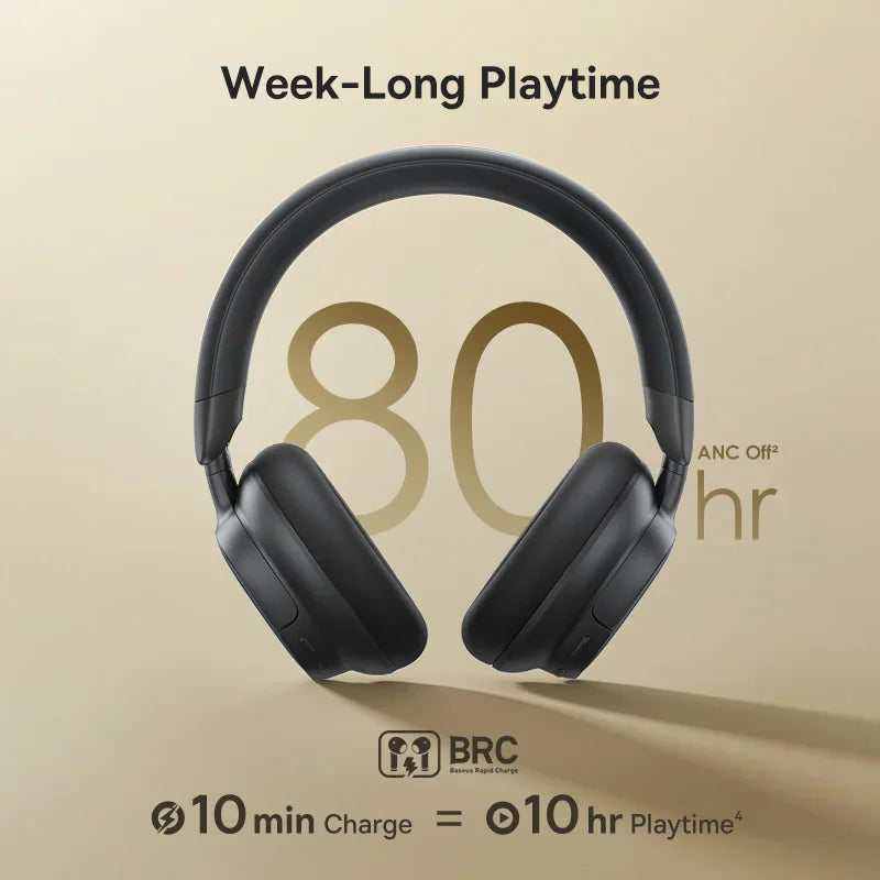Black wireless headphones with 80 hours battery life and fast charging