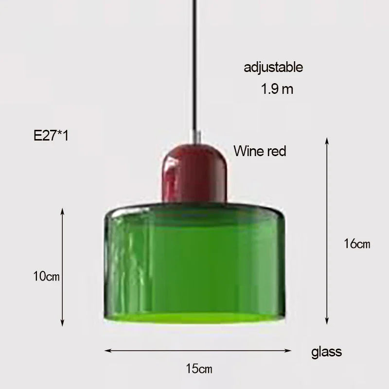 Technical drawing of a cylindrical glass pendant light with dimensions