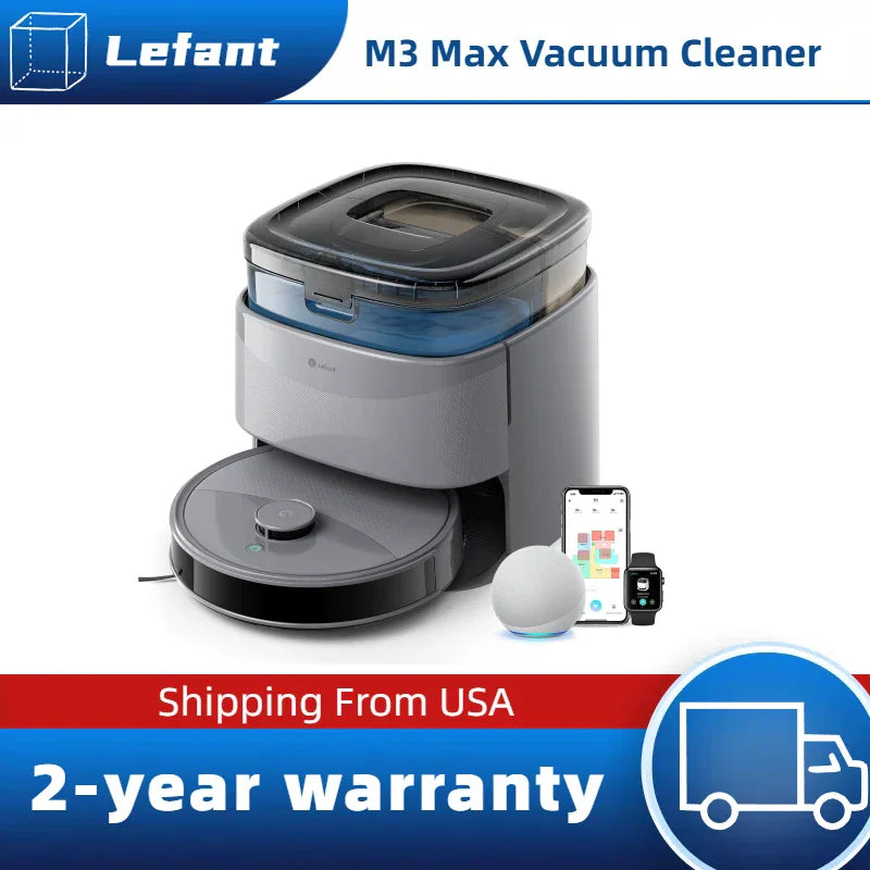 Robot vacuum and mop with charging station, smart home devices, and warranty text overlay