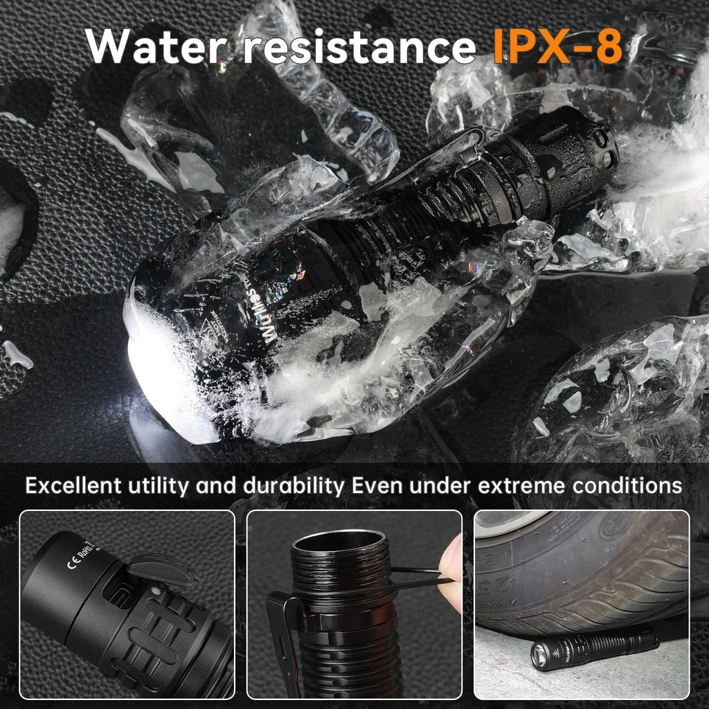A black tactical LED flashlight on wet ice and under a tire, demonstrating durability and water resistance