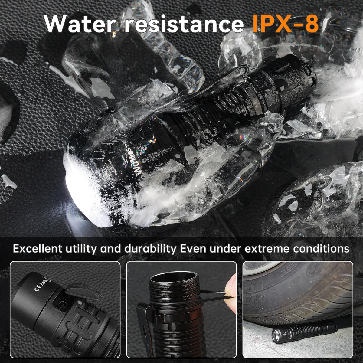 A black tactical LED flashlight on wet ice and under a tire, demonstrating durability and water resistance
