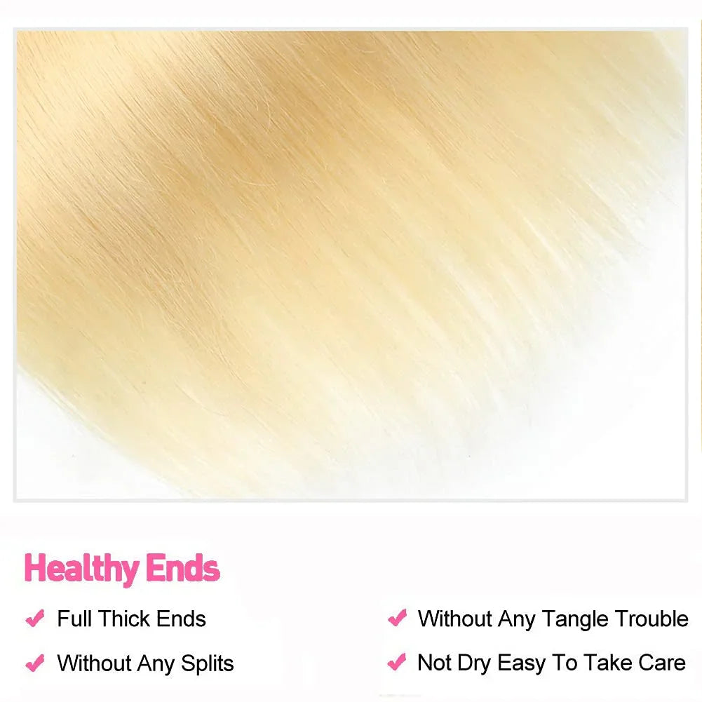 Straight blonde hair ends with quality assurance text