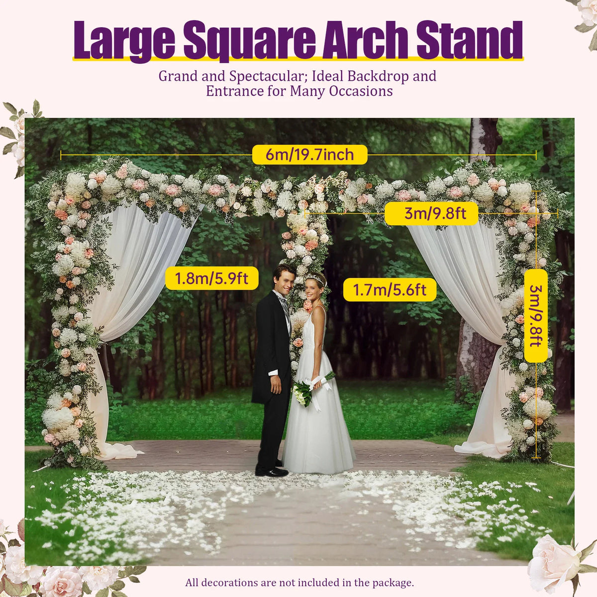 Large square metal arch stand as a wedding backdrop