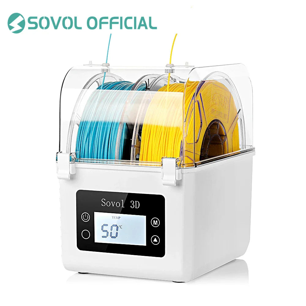 White 3D printer filament dryer box with two spools inside and digital temperature display