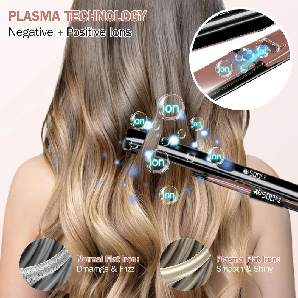 Person styling hair with a plasma hair straightener showing comparison of hair texture