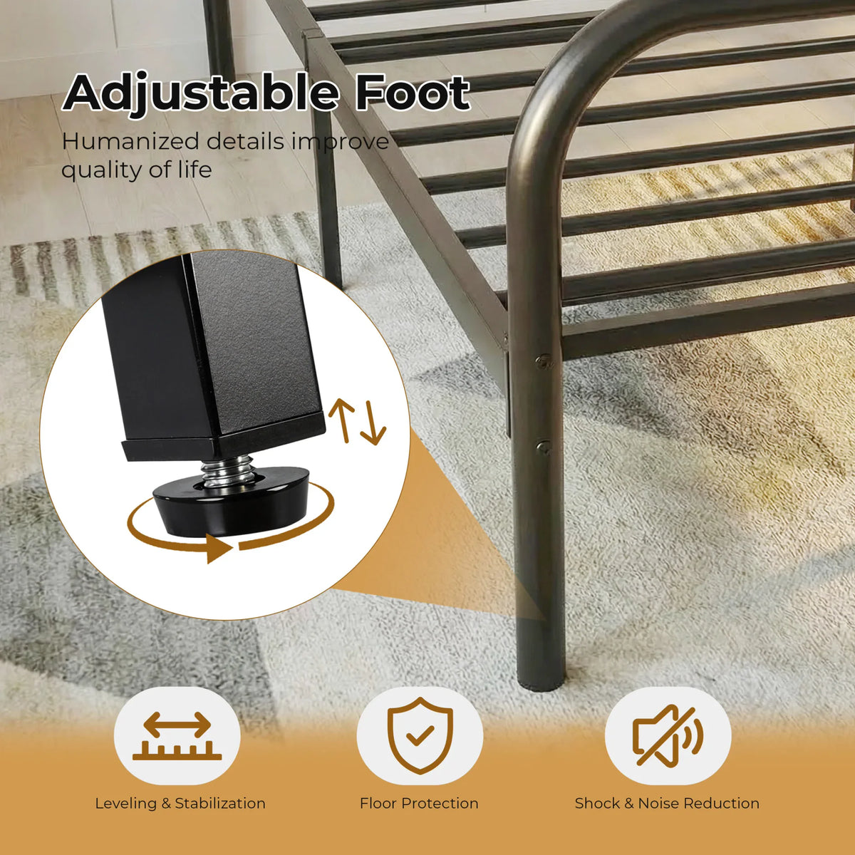 Close up of adjustable bed frame leg with leveling and floor protection features
